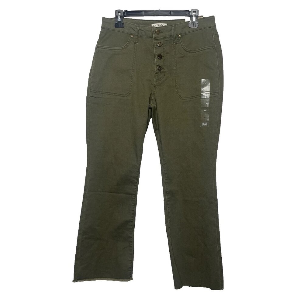 Frye Co Women’s Harper Crop Flare Pants Size 12 Khaki Green Mid Rise Button Fly